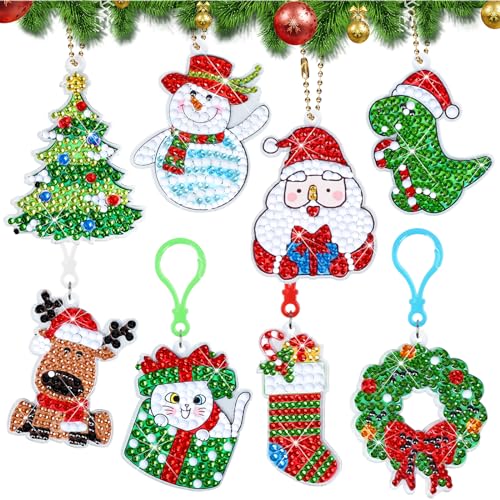 LOHAME 8 Stück Weihnachten Diamond-Painting Bastelset Kinder 5D Weihnachtsmann Diamont Paintings Schlüsselanhänger Schneeflocken Weihnachtsbaum Diamant Malerei Anhänger DIY Kit für Mädchen Junge von LOHAME