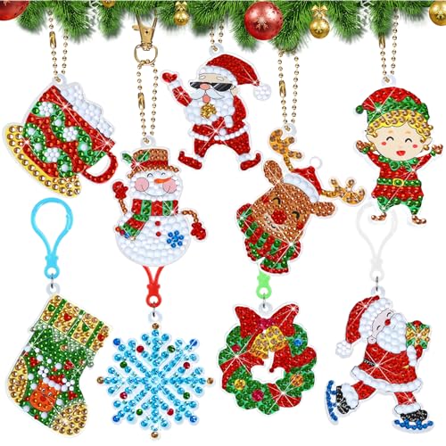 LOHAME 9 Stück Weihnachten Diamond Paintings Bastelset Kinder 5D Weihnachten Diamond-Painting Anhänger Weihnachtsmann Diamond Malerei Schlüsselanhänger Weihnachtsbaum DIY Handwerk für Mädchen Junge von LOHAME