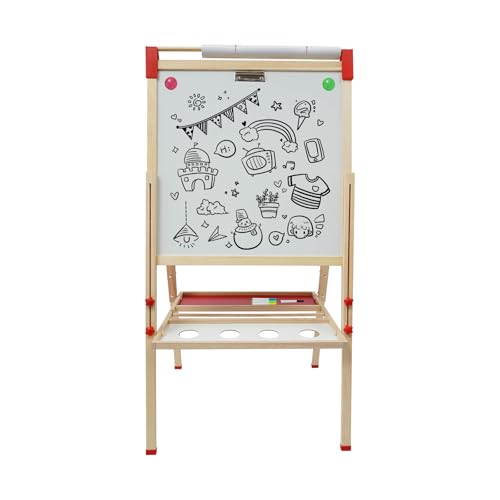 Tafel Kinder Staffelei Holz,kindertafel Doppelseitige Kreidetafel und Whiteboard Set Höhenverstellbar Maltafel mit Papierrolle Spieltafel Standtafel mit Zubehör für Kinder und Kleinkinder von LOIRIIC