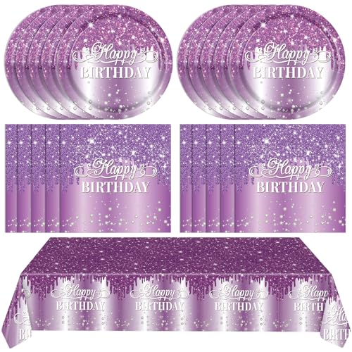 41 Stück lila Partydekorationen Lila Silber Geburtstag Einweggeschirr Lila Happy Birthday Dekorationen Geburtstag Teller und Servietten Tischdecke für Mädchen Frauen Hochzeit Geburtstag Party Supplies von LOIYSHINE