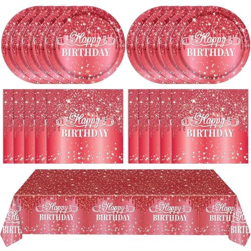 LOIYSHINE 41 Stück Happy Birthday Dekorationen Rot Silber Diamanten Geburtstag Party Supplies Geburtstag Dekorationen Rot Inklusive Teller Servietten Tischdecke für Geburtstag Hochzeit Urlaub von LOIYSHINE