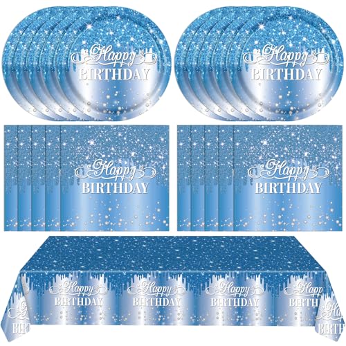 LOIYSHINE 41 Stück Happy Birthday Dekorationen für Männer Blau Geburtstag Party Supplies Blau und Silber Thema Teller Servietten Tischdecke Set für Männer Frauen Geburtstage Hochzeiten Partygeschenke von LOIYSHINE