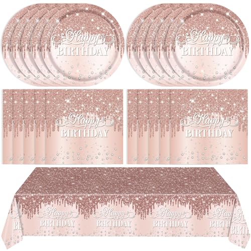 LOIYSHINE 41 Stück Roségold-Partydekorationen Happy Birthday Pink Gold Motto Party Favors Rose Gold Party Teller Servietten Tischdecke für Mädchen Frauen Hochzeit Geburtstag Party Gastgeschenke von LOIYSHINE