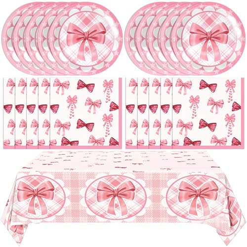 Rosa Schleife Geburtstag Party Supplies Schleife Thema Geburtstag Party Dekorationen Enthält Rosa Schleife Napinks Teller Tischdecke Kokette Geburtstag Party Bogen Party Dekorationen für Baby Shower von LOIYSHINE