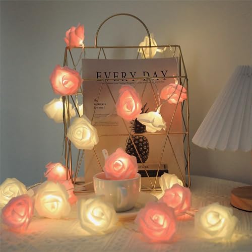 LOKUNM Rosen Lichterkette Rosenkette 3M 20 Blumen LED Valentinstag Hochzeit Hochzeit Decorations Batterie String Lichter Warmweiß Geschenkidee Frühlingsdeko Innen(Rosa + Weiß) von LOKUNM