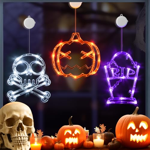 LOLStar Halloween Deko 3-Pack Orange Kürbis Weißer Schädel Lila Grabstein Halloween Fenster Lichter mit Saugnapf, batteriebetriebene Halloween Lichter, langsamer Fade Modus und Timer Funktion von LOLStar