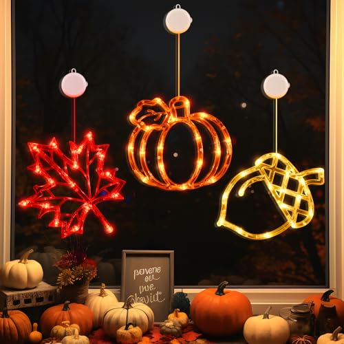 LOLStar Thanksgiving Deko, Herbst Fenster Lichter mit Saugnäpfen Eichel AhornBlätter Kürbis LED Lichter, Batteriebetrieben (nicht enthalten) 2024 Upgrade Slow Fade Modus Timer Herbst Deko Indoor von LOLStar