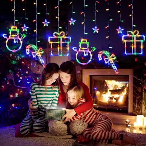 LOLStar Weihnachts deko, 180 LED mehrfarbige hängende Weihnachtsfensterlichter, Schneemann Süßigkeiten Rohr und Geschenkbox, Indoor String Lichter 8 blinkende Modes Vorhang Lichter für Neujahr von LOLStar