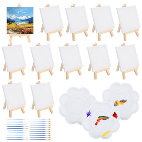 LOLYSIC 51-teiliges Mini-Leinwand und Staffelei-Set – 12 Mini-Staffeleien aus Holz, 9 x 6 cm, 12 Mini-Leinwände, 24 Malpinsel, 3 Farbpaletten, Leinwand-Malset für Kinder, Künstler, Kunst, Party, von LOLYSIC