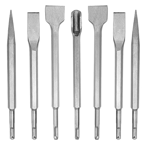 LOLYSIC 7-teiliges SDS Plus-Meißel-Set Hammerbohrer-Meißel-Bit-Set 3/8 Zoll Mauerwerk-Beton-Meißel-Bohrer, Bohrhammer-Meißel-Set einschließlich 40 mm breitem Meißel, 20 mm-Flachmeißel, Spitzmeißel von LOLYSIC