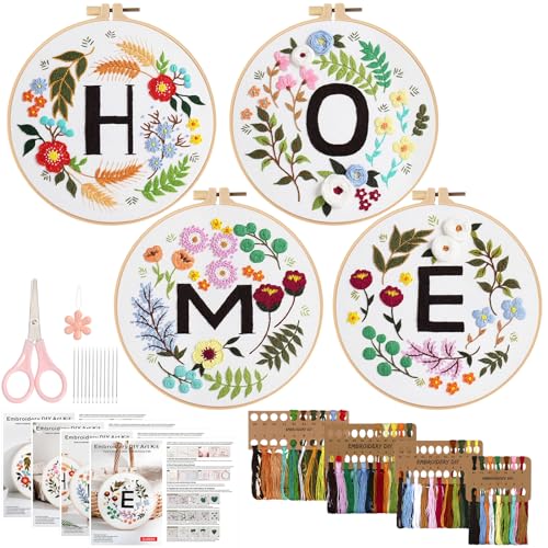 LOMOHOO 4 Sets Stickset für Anfänger, Handstickerei, Stich-Übungsset, Blumenmuster, DIY-Nadelspitzen-Set für Erwachsene, inklusive Fäden, Nadeln, 1 Kunststoffrahmen, Anleitung (evtl. nicht in von LOMOHOO