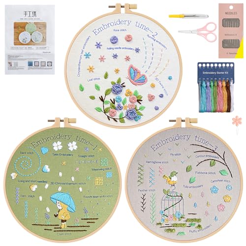 LOMOHOO Stickset für Anfänger, 3 Sticken Set Erwachsene Kinder, Blumenmuster Pflanzen Stickerei Set mit Stickrahmen Stickgarn Sticknadeln, Embroidery Kit Kreuzstich Set für DIY Kunst Handwerk von LOMOHOO