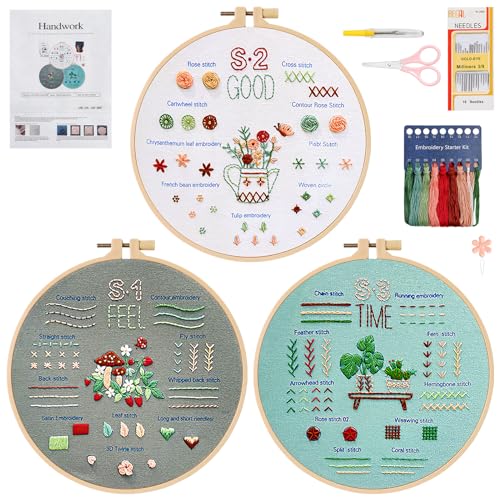 LOMOHOO Stickset für Anfänger, 3er Embroidery Kit Diy Set, Sticken Set Erwachsene Kinder mit Stickrahmen Stickgarn Sticknadeln, Blumenmuster Pflanzen stickerei Set für DIY Kunst Handwerk von LOMOHOO