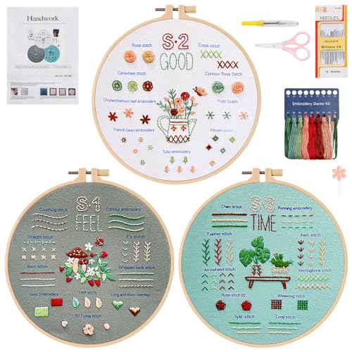 LOMOHOO Sticken Set Erwachsene, 3PCS Stickset für Anfänger Blumenmuster Pflanzen Embroidery Kit Stickerei Set, Stick and Poke Set mit Stickrahmen Stickbilder Erwachsene Kreuzstich Set für DIY von LOMOHOO