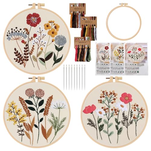 LOMOHOO Stickset für Anfänger,Blumenmuster Pflanzen Sticken Set Erwachsene Stickerei Set mit 3 Stück Kreuzstich Set für DIY Kunst,Handwerk von LOMOHOO