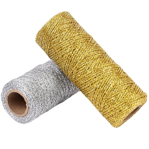 LOMUG 2 Rolle Metallic Kordel, 100M DIY Bastelschnur Kordel Bindfaden Nicht Elastisch Verpackungsschnur für Handwerk Geschenkpapier Dekoration Geschenke Handwerk Weihnacht Dekoration(Gold, Silber) von LOMUG