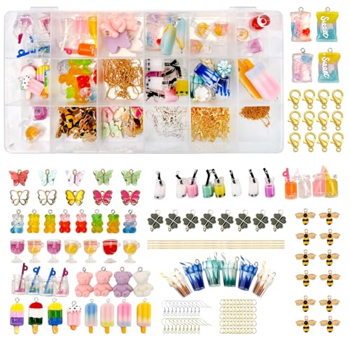 LOMUG 245 Stück Ohrringe Selber Machen Set Bubble Tea Anhänger Sweet Candy Bär Kleeblatt Charms Anhänger Set für Halsketten Ohrringe Schmuck Selber Machen Set DIY Schlüsselanhänger Coole Sachen Machen von LOMUG