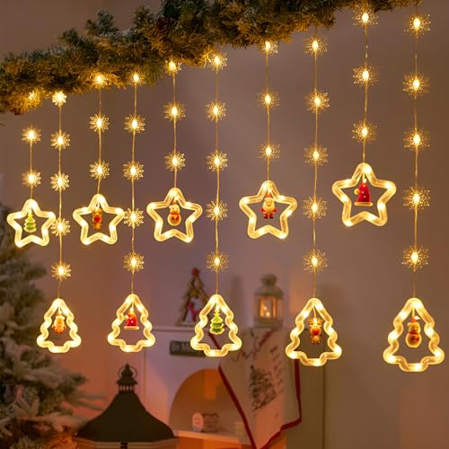 LOMUG LED Weihnachtsbeleuchtung Fenster, Lichterkettenvorhang Fenster Weihnachtsdeko, Led Lichterkette Innen Lichtervorhang 8 Modi, Weihnachten Lichter Fenster für Weihnachten Party Fensterdeko von LOMUG