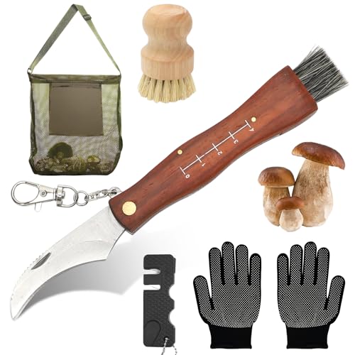 LOMUG Pilzmesser mit Bürste und Lineal, Taschenmesser Klappmesser Edelstahl Pilzsammler Messer für Champignon/Trüffel, Schwammerlmesser Mushroom Knife mit Handschuhe Pilzbürste Pilzsammeltasche von LOMUG