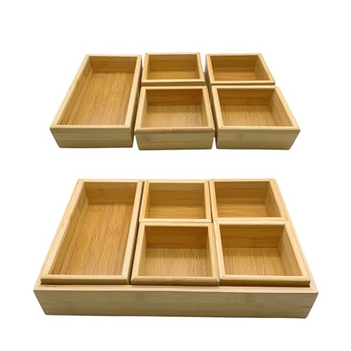 LONG TAO Bambus-Schubladen-Organizer-Boxen-Set, 6-teilig, vielseitig verwendbar, individuelle Holz-Aufbewahrungsbox, Schubladen-Trenner, Aufbewahrungsbehälter für Schmuck, Kommode, Büro, Schreibtisch von LONG TAO