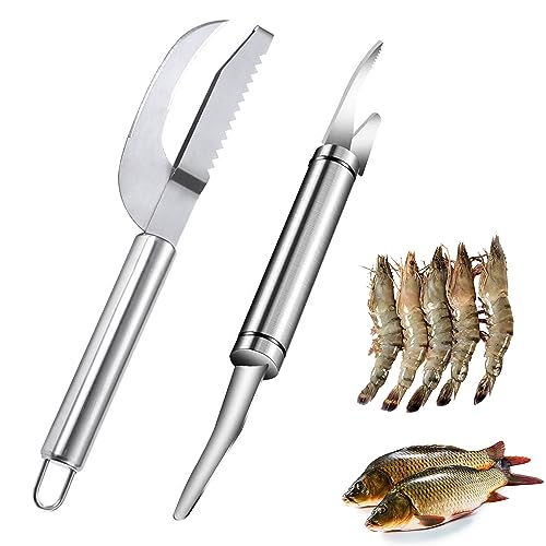 LONGHAO 2 pcs Garnelenschäler aus Edelstahl,Shrimp Peeler,Fischschuppen Messer,Edelstahl Fischschuppen Entferner,5 In 1 Multifunctional Shrimp Line Fish Maw Knife,Fish Scaler Remover,für Garnelen von LONGHAO