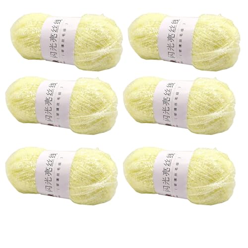 6 Knäuel Scrubby Sparkle Garn, Glasseide, flauschiges Polyester, Scrubbie, glänzendes Garn zum Häkeln, Stricken, Geschirrtücher, Waschlappen, DIY, 300 g (Hellgelb, L) von LONGJUN