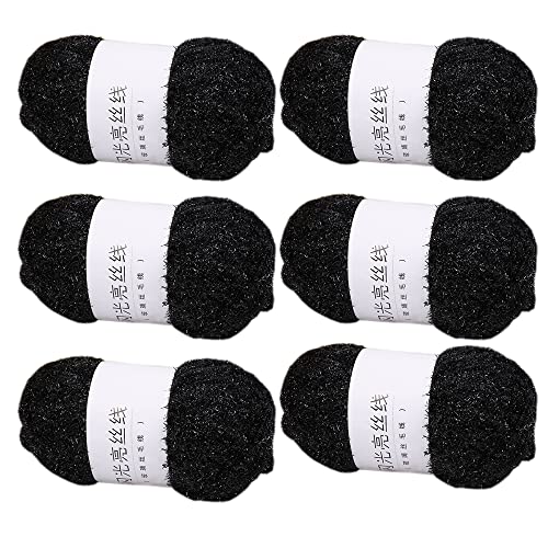 6 Knäuel Scrubby Sparkle Garn, Glasseide, flauschiges Polyester, Scrubbie, glänzendes Garn zum Häkeln, Stricken, Geschirrtücher, Waschlappen, DIY, 300 g (Schwarz, L) von LONGJUN