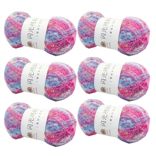 6 Knäuel Scrubby Sparkle Garn, Glasseide, flauschiges Polyester-Peelinggarn zum Häkeln, Stricken, Geschirrtücher, Waschlappen, DIY, 300 g (Sweet Candy, L) von LONGJUN