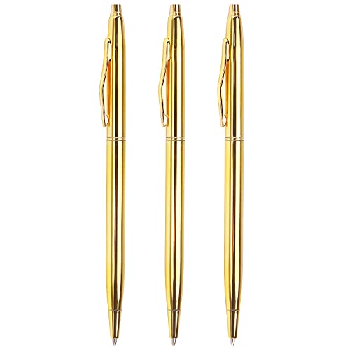 3 Stück schlanke Gold-Kugelschreiber, schwarze Tinte, 1 mm, tolles Geschenk für Büro, Studenten, Lehrer, Hochzeit, Weihnachten (Gold) von LONGKEY