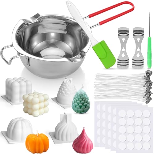 Kerzen Selber Machen Set, DIY Kerzenherstellung Kit,4 Stück 3D Silikonform Kerzenformen zum Gießen, Schmelztopf und 100 Kerzendochte,100 Kerzen Aufkleber, 2 Dochthalter,1 spatula für Candle Making Kit von LONHCHI