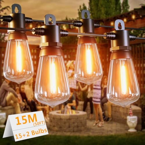 Loniuto15M Lichterkette Led Außen Strom Outdoor, 15+2 ST38 Glühbirne Gartenbeleuchtung Lichterketten Aussen2700K Warmweiß,IP65 Wasserdicht Außen Lichterketten für Garten,Terrasse,Partys,Pavillon von LONIUTO