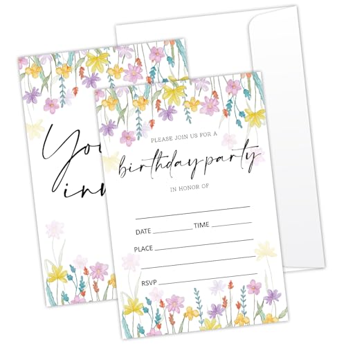 LONLONBANG 4 x 6 Zoll Boho Floral Geburtstagseinladungen Party Einladungskarten Hof Frühling Party Einladung für Frauen Schwester Bestie Friends 20 Partyeinladungen mit Umschlägen – YT0052 von LONLONBANG