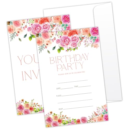 LONLONBANG 4 x 6 Zoll Boho Floral Geburtstagseinladungen Party Einladungskarten Hof Frühling Party Einladung für Frauen Schwester Bestie Friends 20 Partyeinladungen mit Umschlägen – YT0055 von LONLONBANG