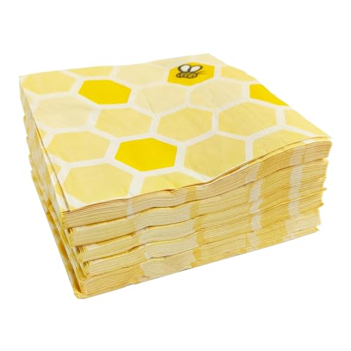 LOONELO 100 Stück Waben-Servietten, Bienen-Papierservietten, 16,5 x 16,5 cm, Einweg-Papierservietten für Frühlingsbienentag, Geburtstag, Party, Babyparty, Hochzeitszubehör (gelb) von LOONELO