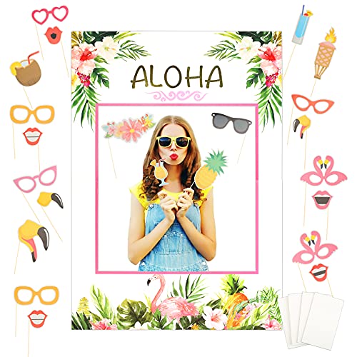 LOOPES 22 Stück Flamingo Hawaii Foto Requisiten Sommer Fotorahmen Strand Foto Zubehör Aloha Photo Booth Requisiten Pool Party Tasche für Tropical Pool Geburtstag Hochzeit Party Dekoration von LOOPES