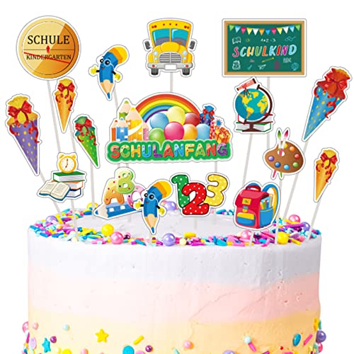 LOOPES 24pcs Schulanfang Tortendeko Einschulung Cake Topper Schulkind Cupcake Topper Schuleinführung Kuchendeko mit Zuckertüte Fondant Muffins Kuchen Deko für Mädchen Junge Kinder Schultag Geschenke von LOOPES