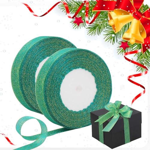 LOOPES 2Rolle Geschenkband Weihnachten Grün Weihnachtsband Glitzer Weihnachts Schleifenband Weihnachtsbänder Organza Band Weihnachtskranz Band für Weihnachtsdeko Geschenkverpackung 2,2cm x 50Yard von LOOPES