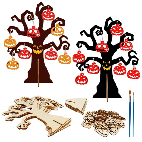 LOOPES 6 stk Halloween Deko Kürbis Bastelsets 3D Holz Halloweenbaum mit Pinsel Halloween Skelettkopf Kürbis Basteln zum Bemalen DIY Bastelbaum für Kinder Basteln Kürbis Deko Mitgebsel Kindergeburtstag von LOOPES