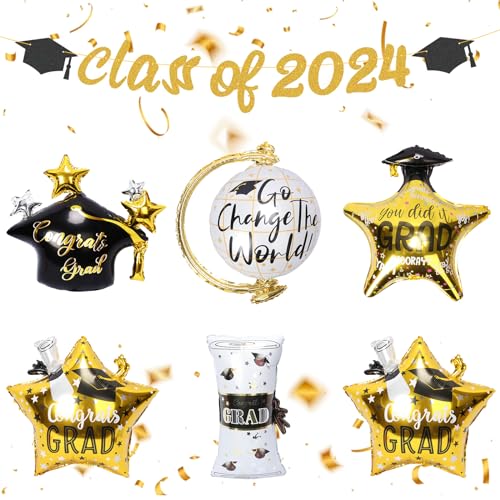 LOOPES Abschlussfeier Dekorationen Klasse 2024 Banner & Abschlussballons Congrats Grad Abschlussball Dekorationen 2024 Abschlussbanner Glückwunsch Luftballons Graduate Graduation Motto Party Supplies von LOOPES