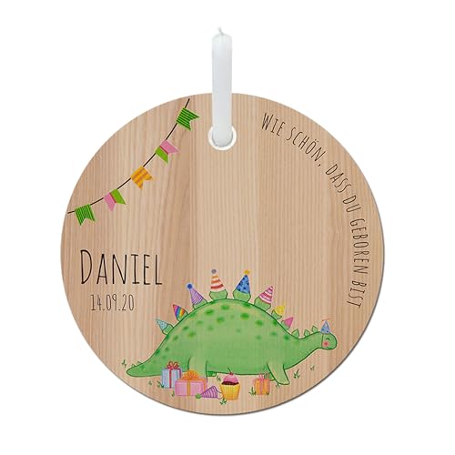 LOOXIS Personalisierter Geburtstagsteller für Kinder mit Namen bedruckt – 20 cm Durchmesser, inkl. Kerze, Eschenholz – Geschenkidee Jungen, Mädchen, Geburt, Taufe, Kindergeburtstag – Dino von LOOXIS