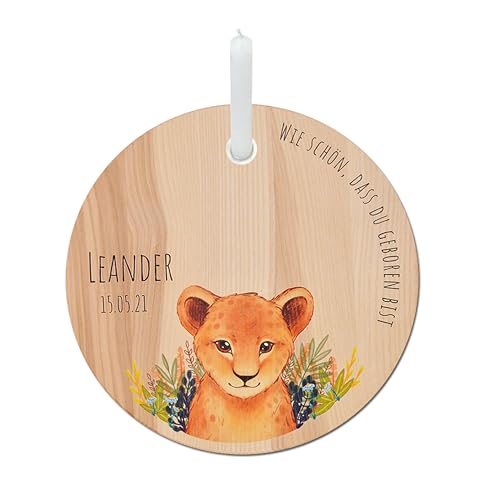 LOOXIS personalisierter Geburtstagsteller aus Holz inkl. Kerze, für Kinder + Löwen-Motiv (Geschenkidee Geburt, Taufe, Kindergeburtstag, Einschulung) von LOOXIS