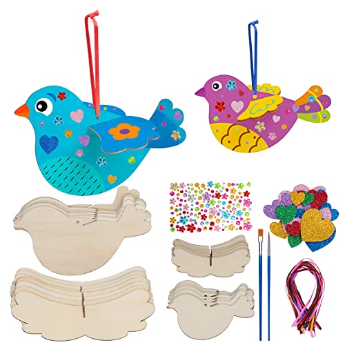 LOPOTIN 16set 3D Vögel Frühling Bastelset Ostern Basteln Kinder Deko 16 Holz Vogel mit 20 Hanfseil Strass Selbstklebend Oster Deko zum Aufhänge Geschenke Idee für Jungen und Mädchen von LOPOTIN