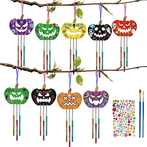 LOPOTIN 9SET Halloween Kürbis Deko Windspiel Bastelset Kinder Herbst Basteln Kinder Fensterdeko Holz Herbstdeko Kürbis mit Pinsel Hanfseil Klangspiel für Innen Outdoor Herbstzeit Kindergeburtstag von LOPOTIN