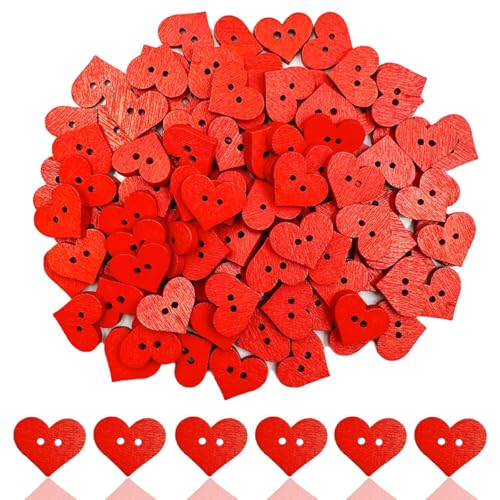 Roter Herzknopf, roter Holzknopf mit 2 Löchern, 100 Stück herzförmige Holzknöpfe in Großpackung zum Nähen, Scrapbooking, Basteln, Dekoration, Kleidung, DIY-Zubehör, Zubehör (rot) von LOPURO