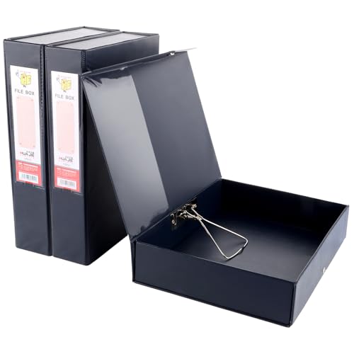 LOPYXBR 3 Stück Aktenbox A4, Schwarz Dokumentenbox mit 66mm Breit Rücken, A4 Archivboxen mit Verschlussfeder, Archivbox aus Karton und Leder für Büro, Schule, Archivraum von LOPYXBR