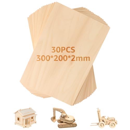 LOPYXBR 30 Stück Sperrholzplatte 2mm, 300x200mm Sperrholz, Unbehandeltes Holz Sperrholzplatten für Laserprojekte, DIY Modell, Bastelarbeiten und Schneiden von LOPYXBR