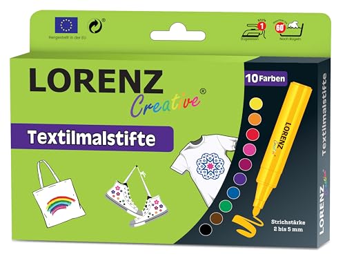 LORENZ Creative 10 Textilmalstifte | waschfest bis 60°C | 2-5mm Strichstärke | handlich | kinderleichtes Bemalen von Stofftaschen T-Shirts Schuhen uvm. | Hergestellt in der EU von LORENZ Creative