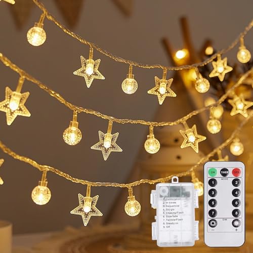 LORESJOY 10M 100 LED Lichterkette Kugeln, Stern und Kugel Lichterkette, LED Lichterkette Außen Batterie, 8 Modi wasserdichte Fernbedienung für Weihnachten, Hochzeit, Party, Zimmer, Innen Deko von LORESJOY