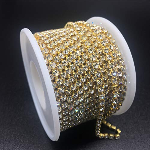 1 Rolle 9,1 m Strass-Kette, Kristall-Strasssteine, geschlossene Kette, zum Aufnähen, Kristall-Rhinston-Kettenbesatz, Kristallkrallenkettenrolle (Gold, SS12, 3 mm) von LOSKOSSLTDD1