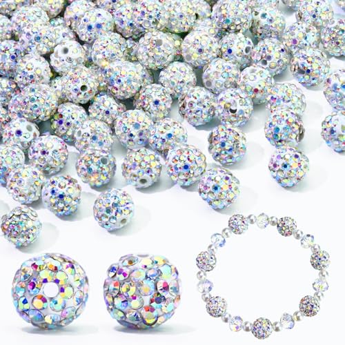 110 Stück 10 mm AB-Strassperlen für Baseball-Perlenketten, runde Strass-Ton-Perlen zum Basteln, für Armbänder, Ohrringe, Perlen, Stift, ausgefallene Polymer-Shamballa-Pavé-Disco-Diamantperlen von LOSKOSSLTDD1